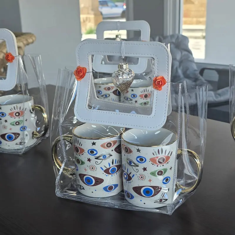 Deri Saplı Şeffaf Çantasında Nazar Boncuklu İkili Mug Kupa Seti