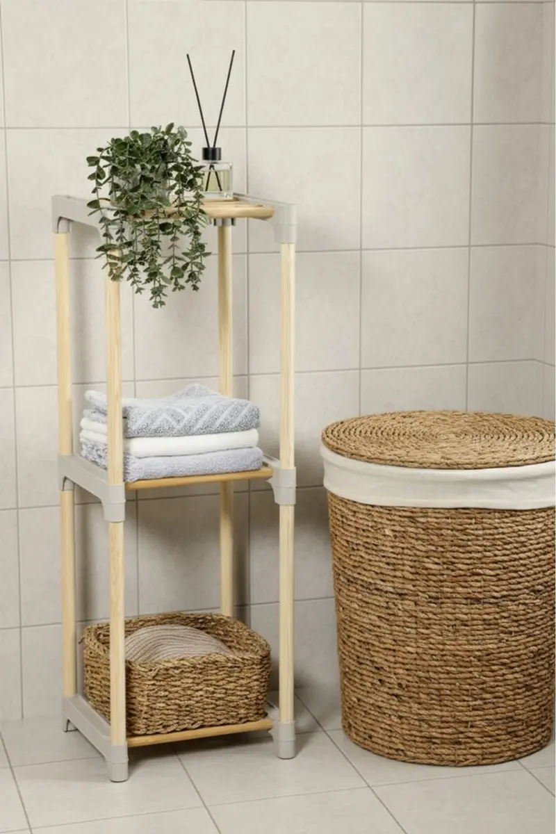 Doğal Ahşap Banyo Rafı – 2 Katlı veya 3 Katlı Modüler Organizer | Banyo-M-1