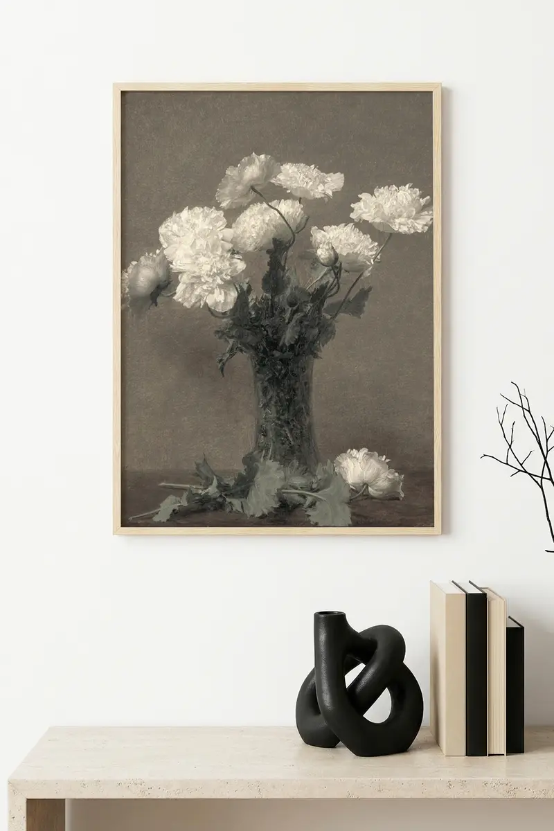 Doğal Ahşap Çerçeveli Çiçek Desenli Tablo - Minimal | huhu1164