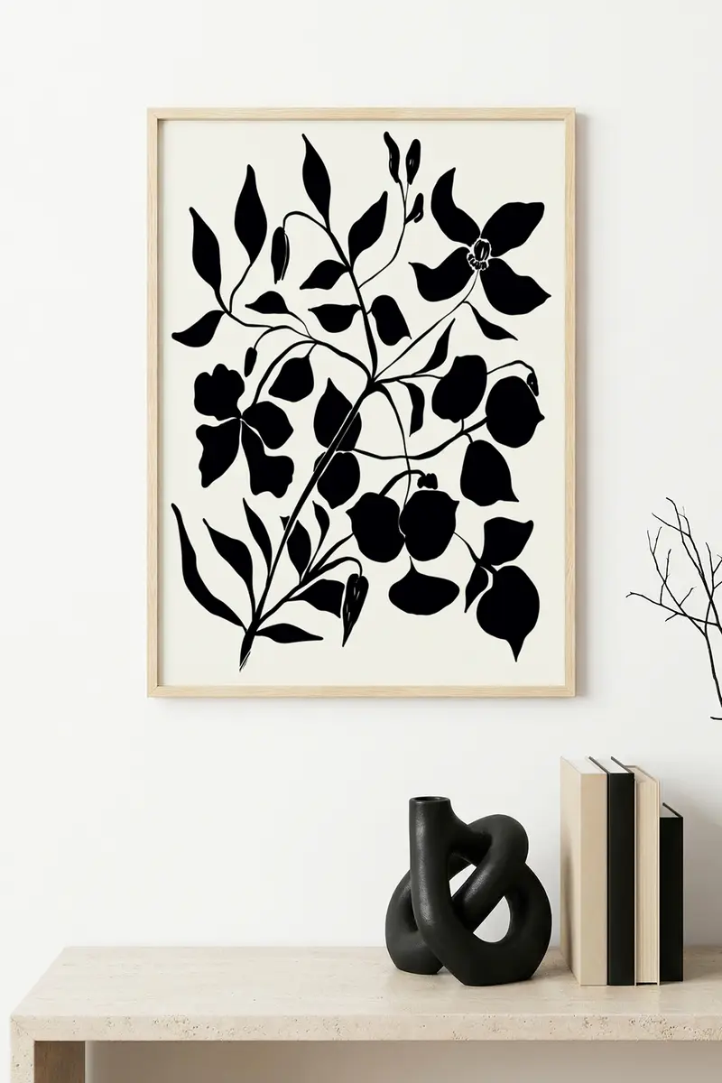 Doğal Ahşap Çerçeveli Çiçek Desenli Tablo - Minimal | huhu1252