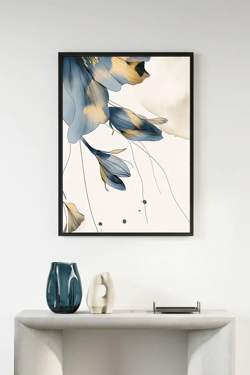 Doğal Ahşap Çerçeveli Çiçek Desenli Tablo - Minimal | huhu1292