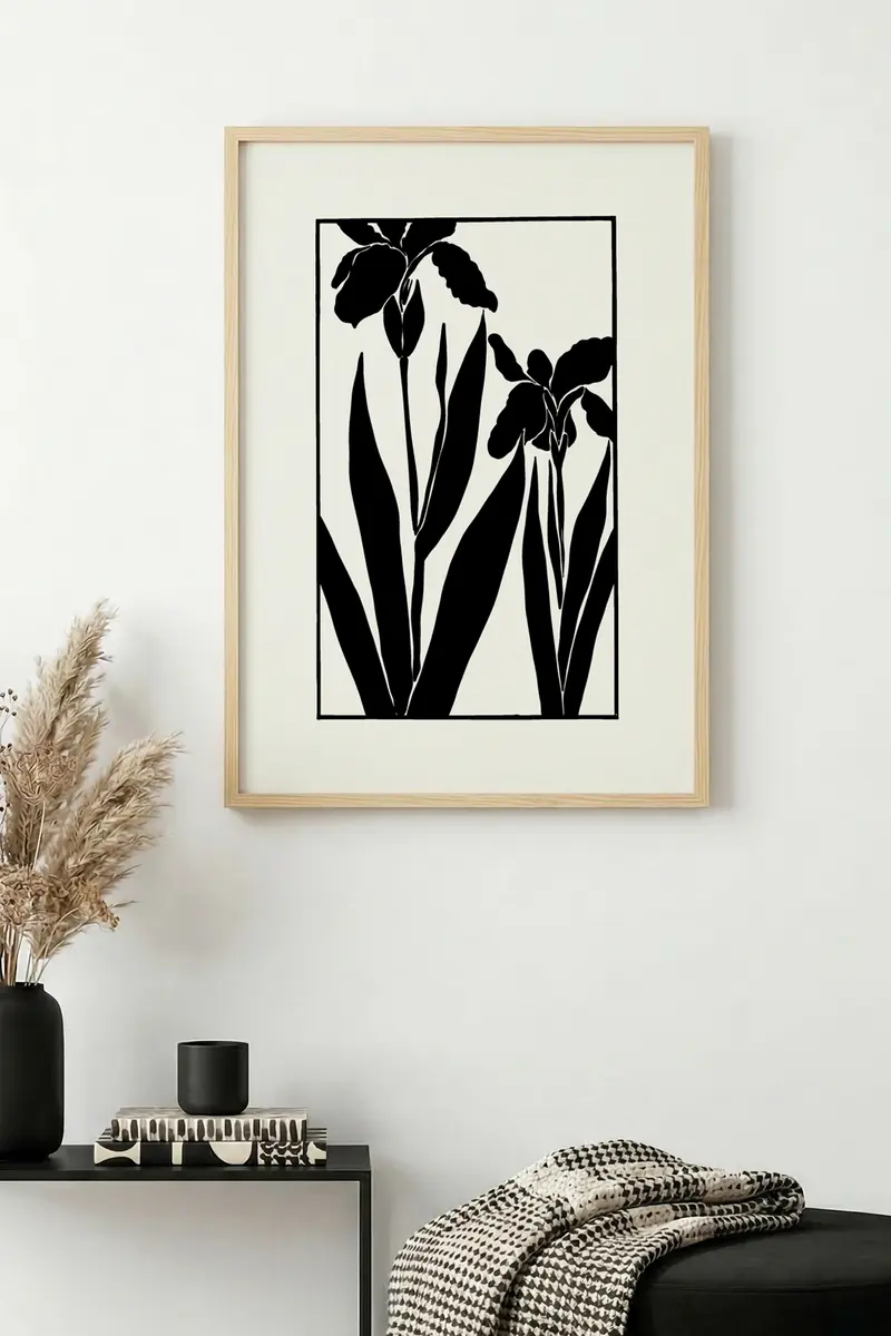Doğal Ahşap Çerçeveli Çiçek Desenli Tablo - Minimal | huhu1325