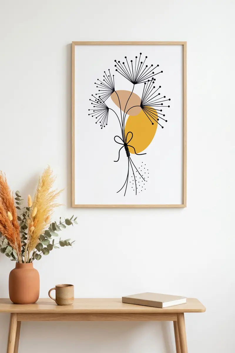 Doğal Ahşap Çerçeveli Çiçek Desenli Tablo - Minimal | huhu1611