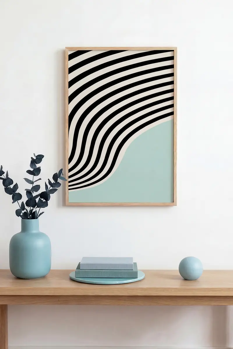 Doğal Ahşap Çerçeveli Çizgisel Desenli Tablo - Minimal | huhu1091