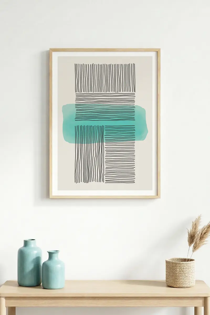 Doğal Ahşap Çerçeveli Çizgisel Desenli Tablo - Minimal | huhu1554