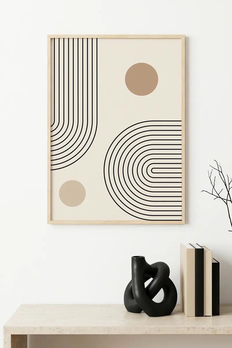 Doğal Ahşap Çerçeveli Geometrik Desenli Tablo - Minimal | huhu1134