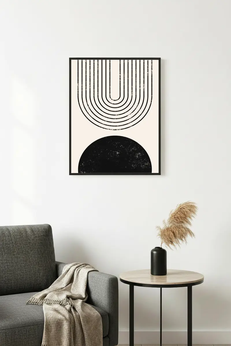 Doğal Ahşap Çerçeveli Geometrik Desenli Tablo - Minimal | huhu1137
