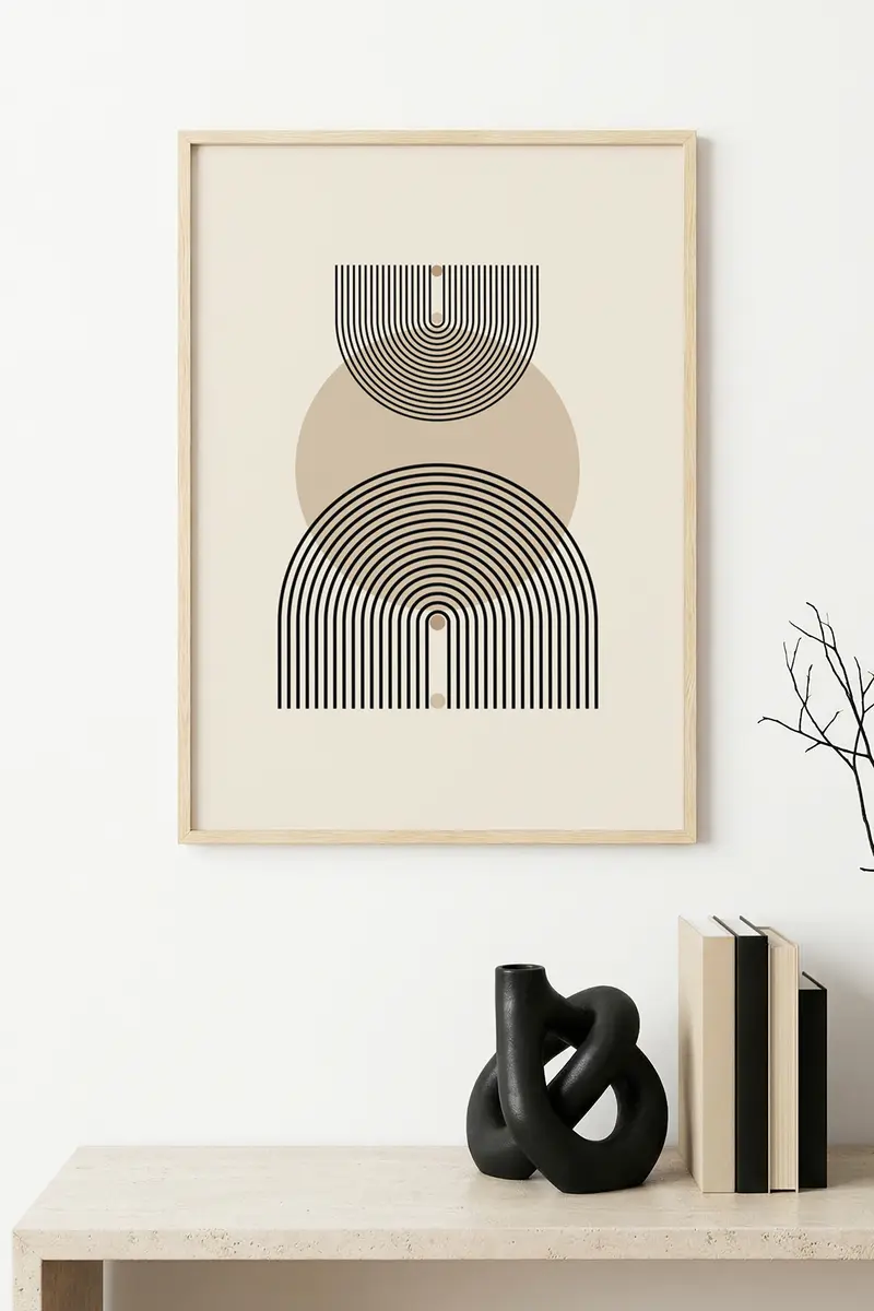 Doğal Ahşap Çerçeveli Geometrik Desenli Tablo - Minimal | huhu1141