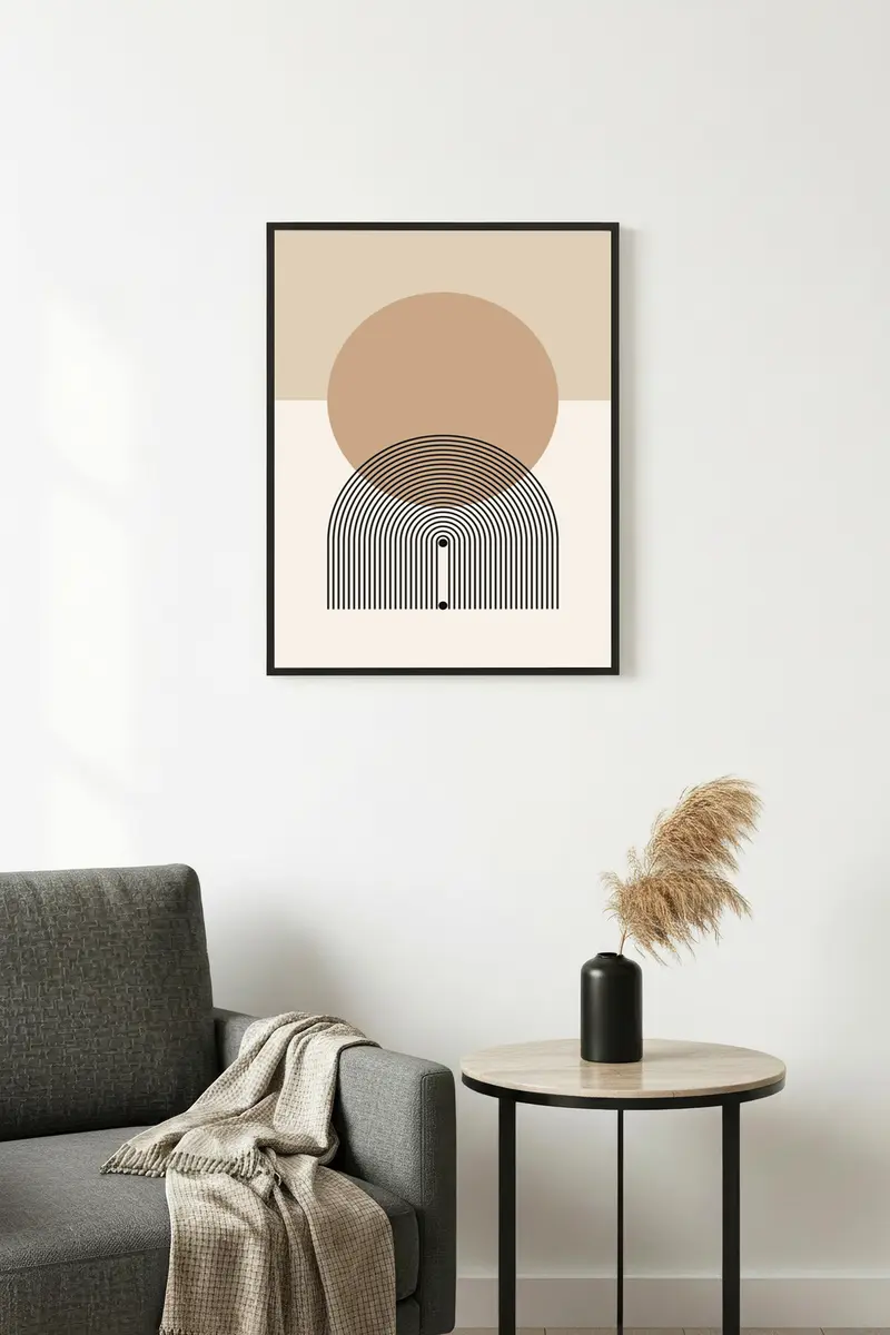 Doğal Ahşap Çerçeveli Geometrik Desenli Tablo - Minimal | huhu1142