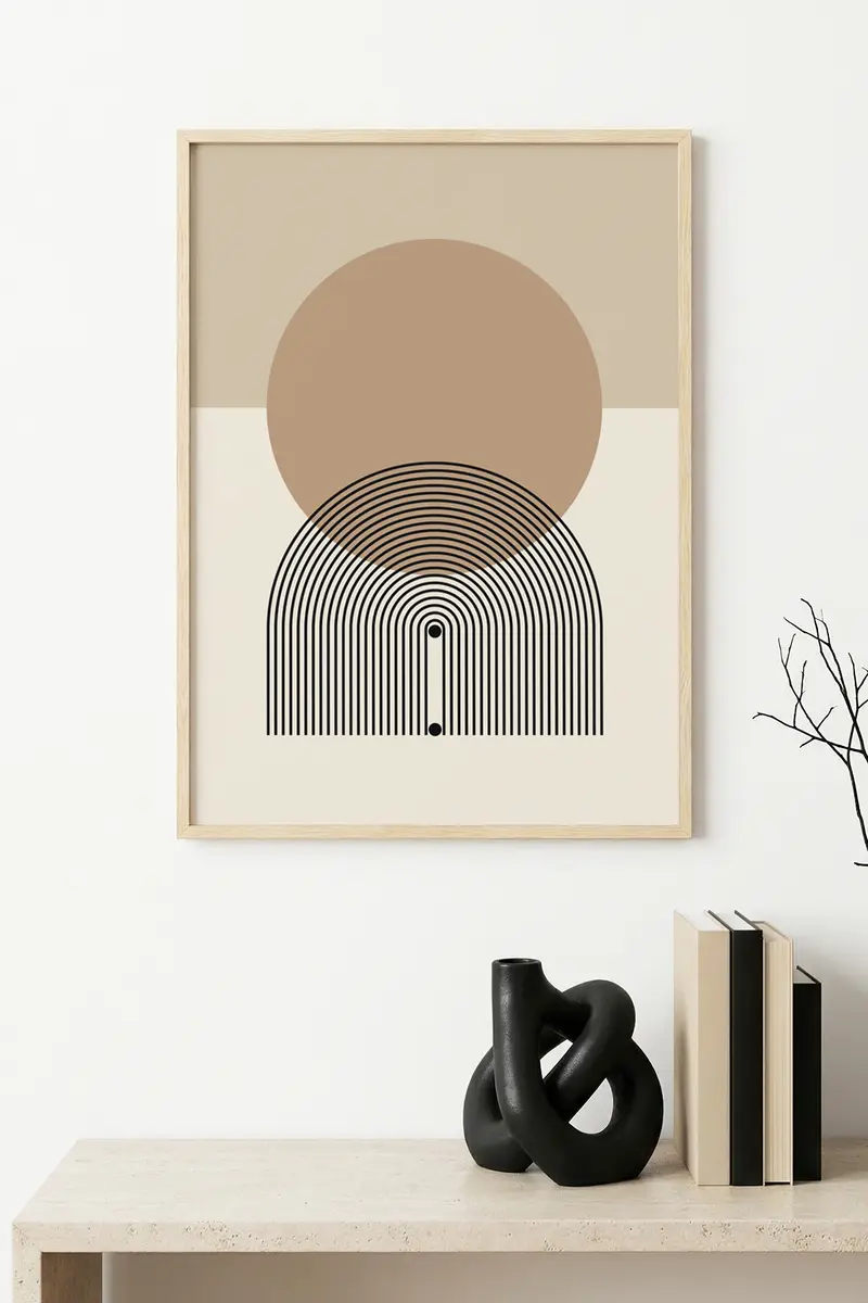 Doğal Ahşap Çerçeveli Geometrik Desenli Tablo - Minimal | huhu1142
