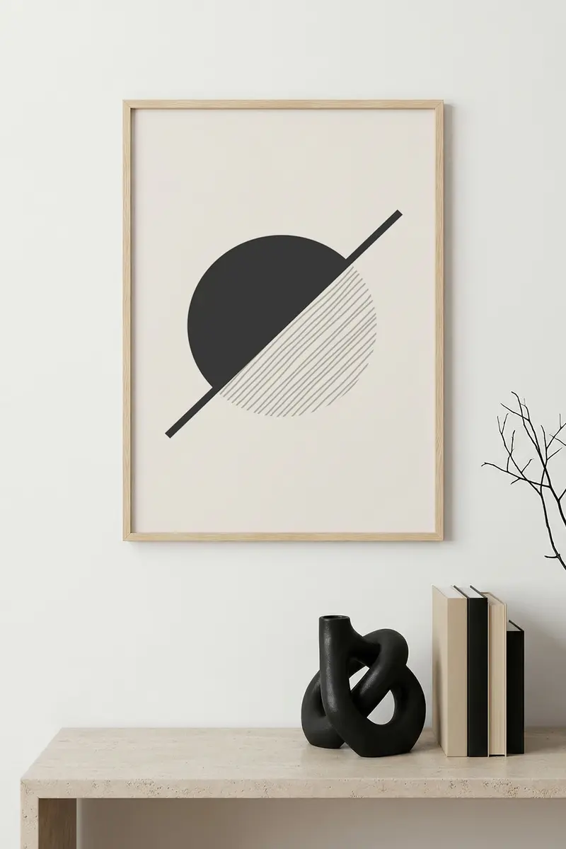 Doğal Ahşap Çerçeveli Geometrik Desenli Tablo - Minimal | huhu1435