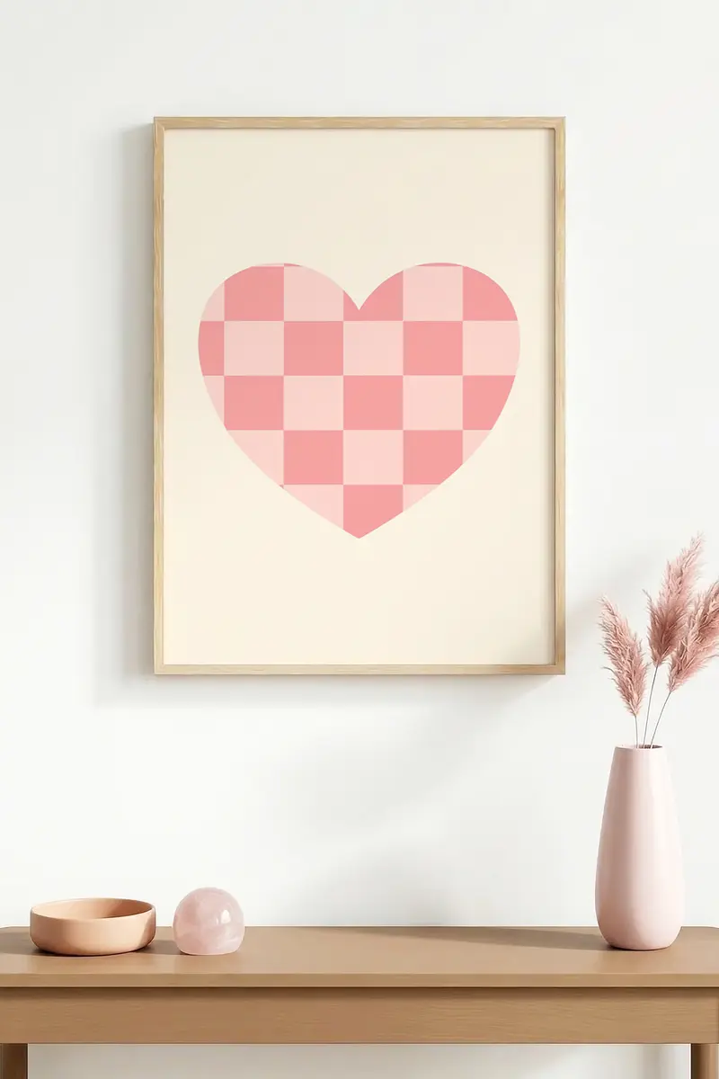 Doğal Ahşap Çerçeveli Kalp Desenli Tablo - Pembe | huhu1176