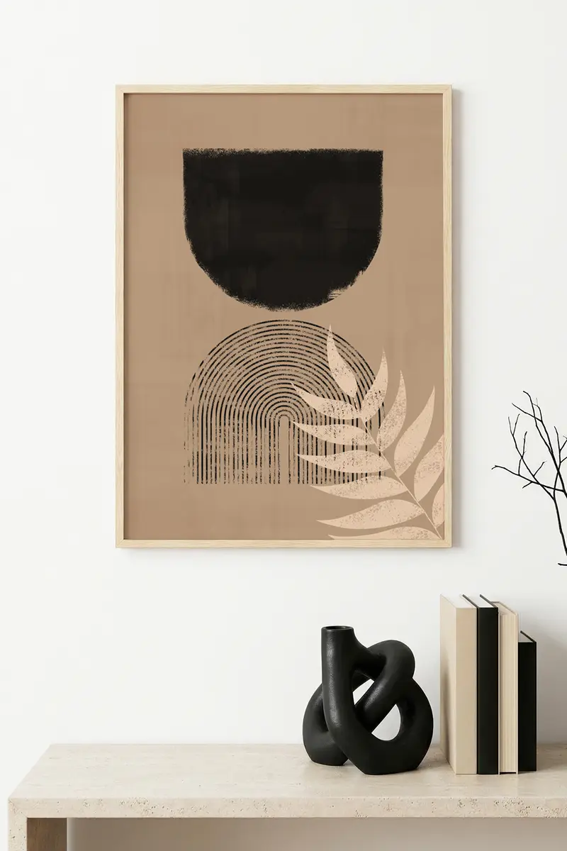 Doğal Ahşap Çerçeveli Minimal Desenli Tablo - Modern | huhu1133