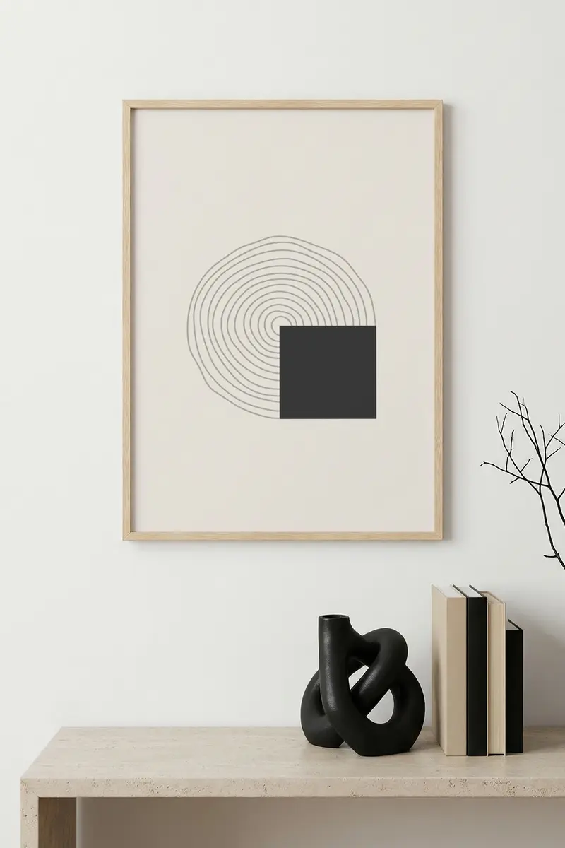 Doğal Ahşap Çerçeveli Minimal Desenli Tablo - Soyut | huhu1436