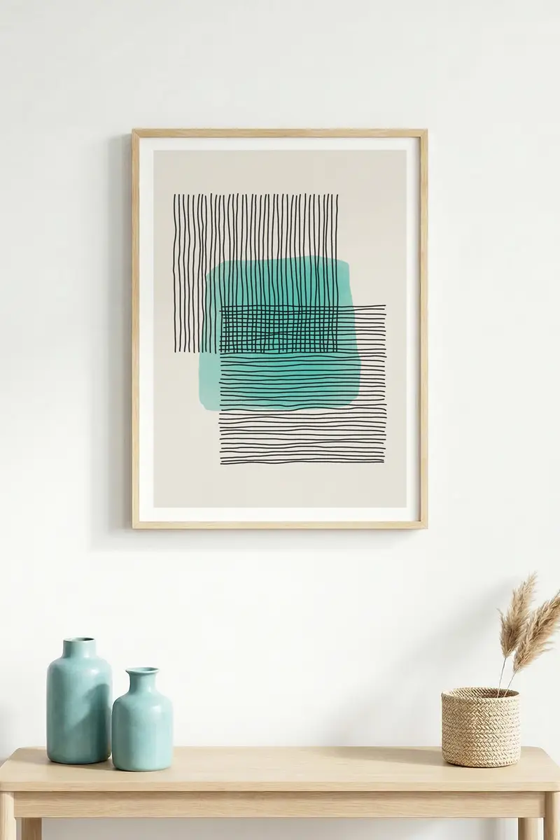 Doğal Ahşap Çerçeveli Minimal Desenli Tablo - Soyut | huhu1556