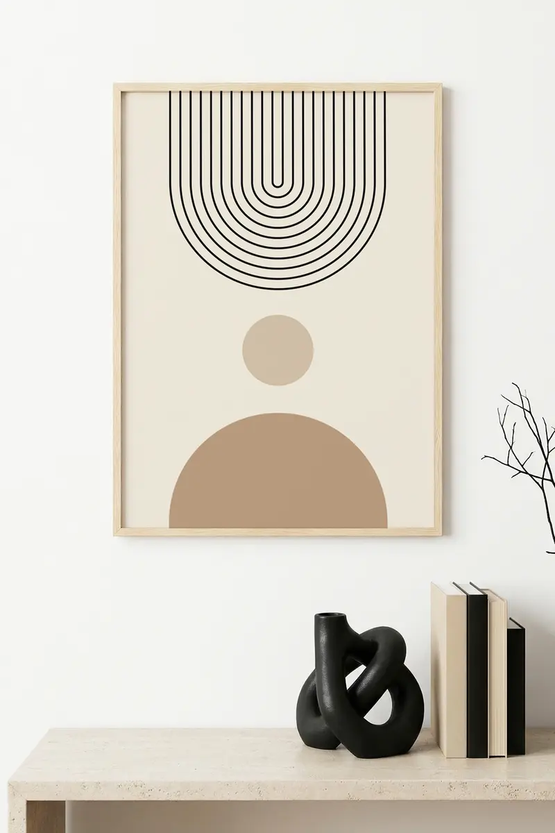 Doğal Ahşap Çerçeveli Minimal Geometrik Desenli Tablo - Bej | huhu1136