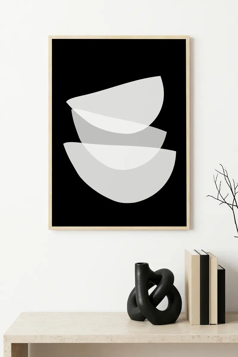 Doğal Ahşap Çerçeveli Minimal Geometrik Desenli Tablo - Beyaz | huhu1086