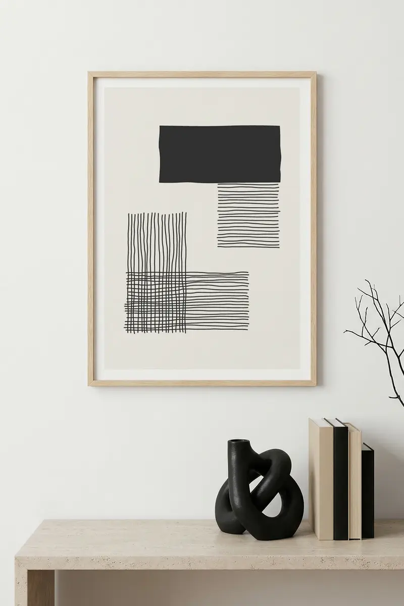 Doğal Ahşap Çerçeveli Minimal Line Art Desenli Tablo - Soyut | huhu1566