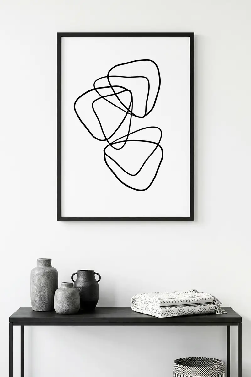 Doğal Ahşap Çerçeveli Minimal Line Art Tablo - Siyah Beyaz | huhu1080