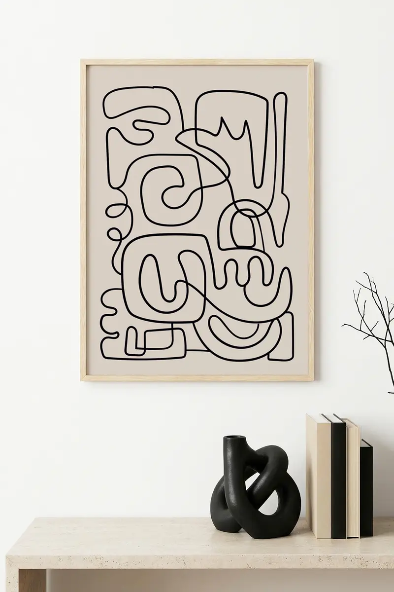 Doğal Ahşap Çerçeveli Minimal Line Art Tablo - Soyut Tema | huhu1616