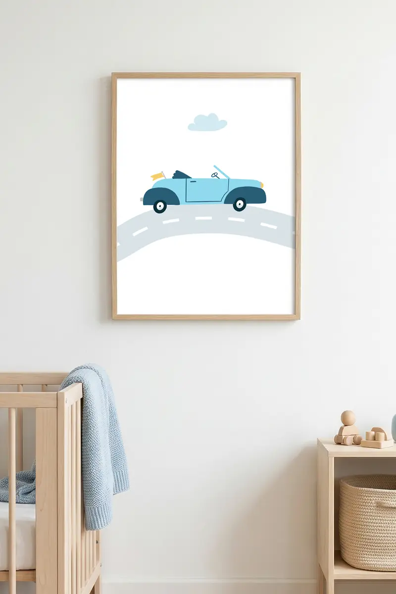 Doğal Ahşap Çerçeveli Minimal Mavi Araba Tablo - Canlı Tonlar | huhu1572