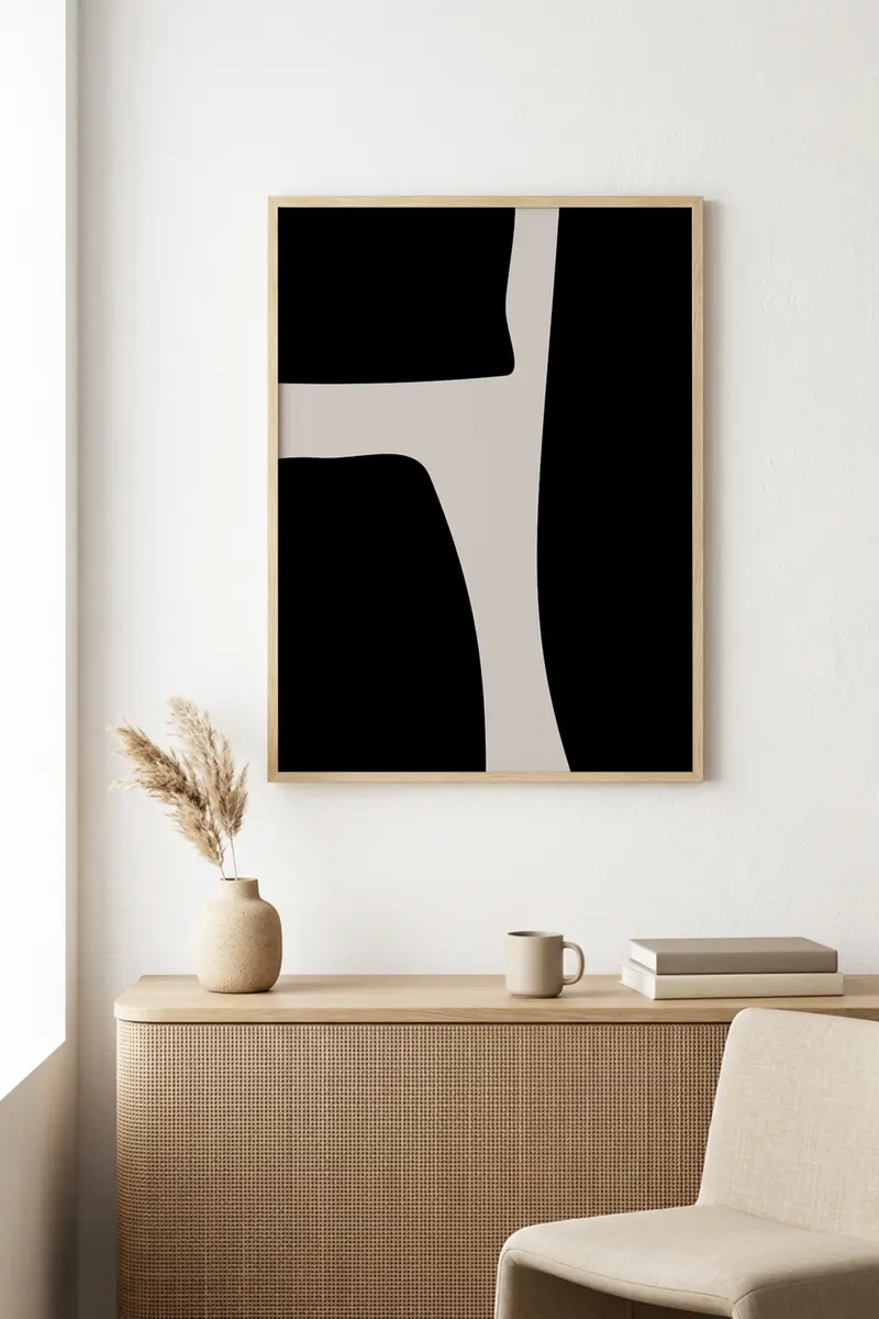 Doğal Ahşap Çerçeveli Minimal Soyut Desenli Tablo - Bej-Siyah | huhu1070