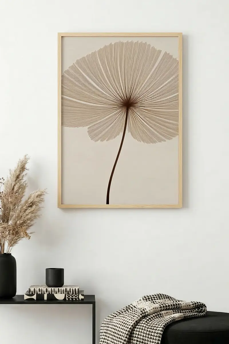 Doğal Ahşap Çerçeveli Minimal Yaprak Desenli Tablo - Pastel | huhu1321