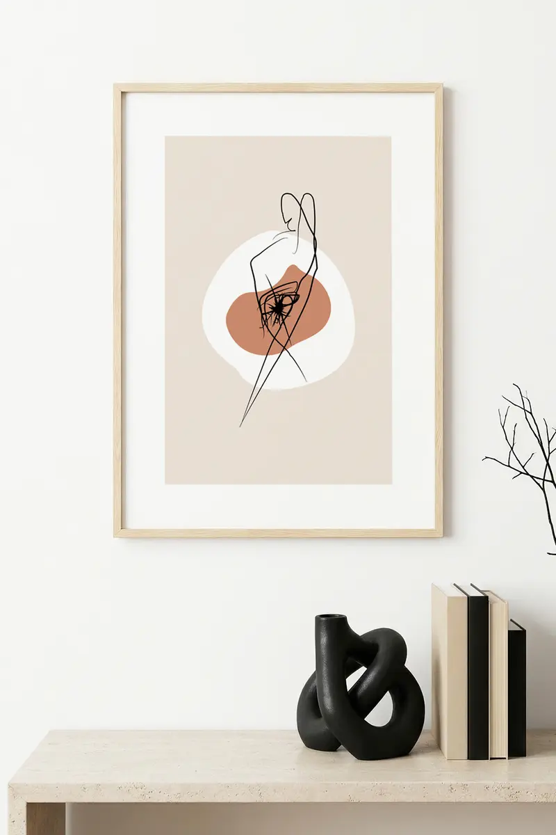 Doğal Ahşap Çerçeveli Minimalist Çizim Tablo - Soyut | huhu1270