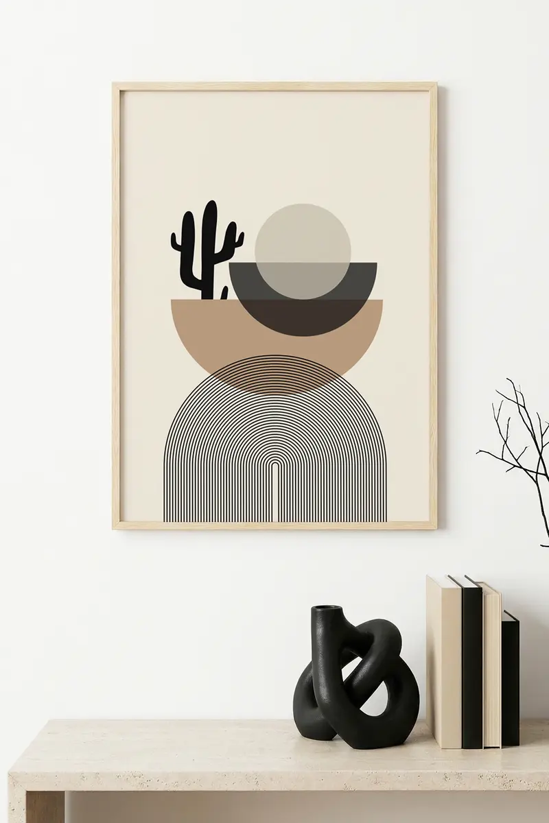 Doğal Ahşap Çerçeveli Minimalist Geometrik Tablo - Doğal Tonlar | huhu1144