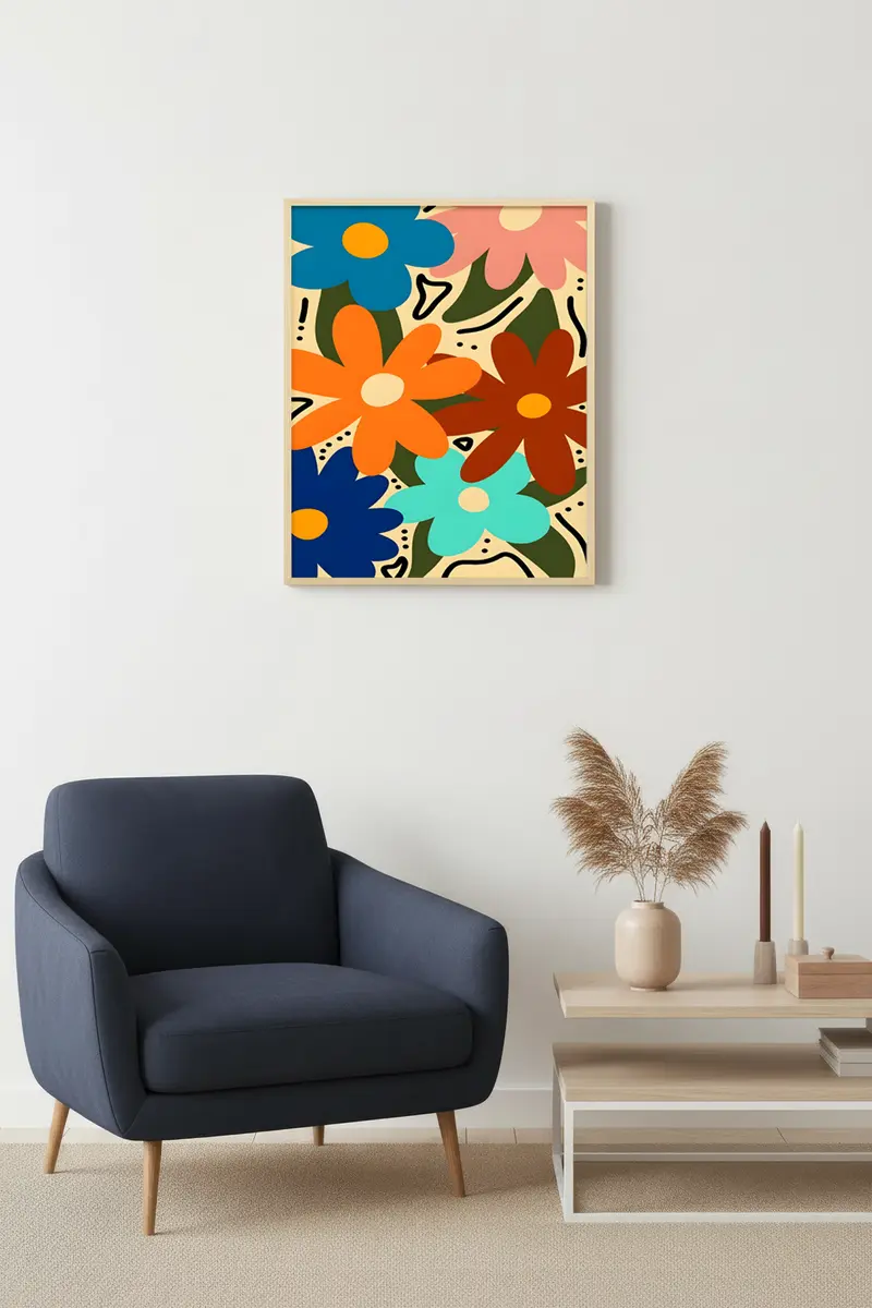 Doğal Ahşap Çerçeveli Pop Art Çiçekli Tablo - Retro Desen | huhu2816