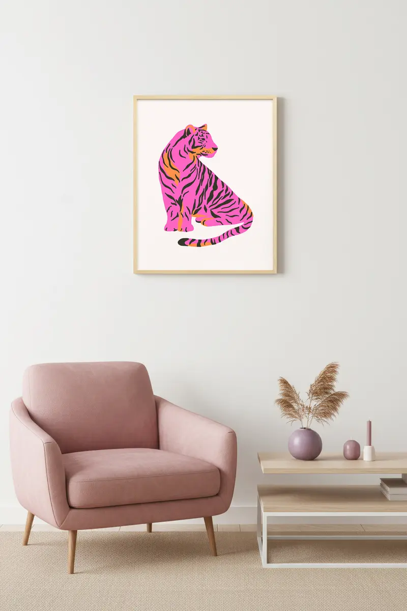 Doğal Ahşap Çerçeveli Retro Kaplan Pop Art Tablo - Pembe Tonlar | huhu2213