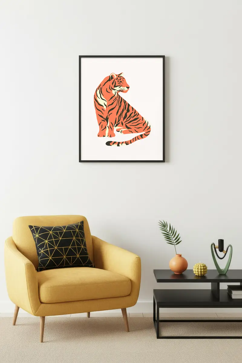 Doğal Ahşap Çerçeveli Retro Kaplan Tablo - Minimalist Tasarım | huhu2788