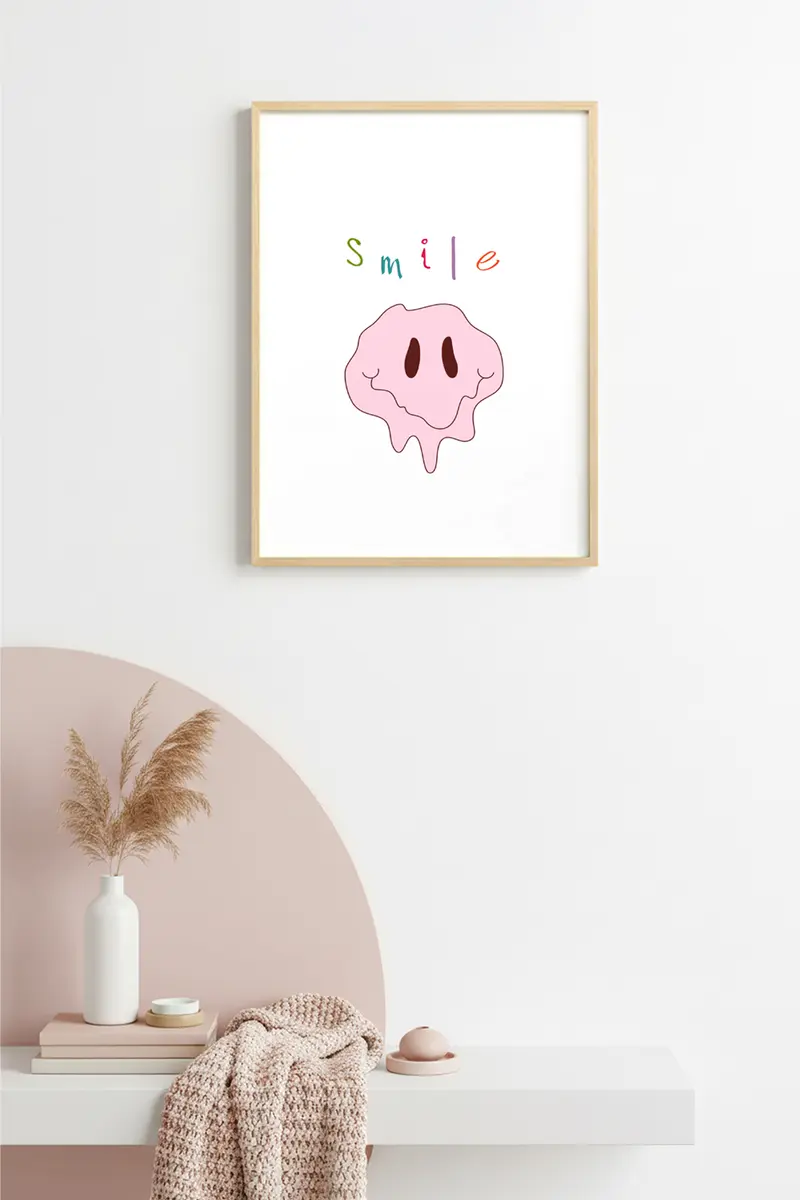 Doğal Ahşap Çerçeveli Retro Smiley Tablo - Eğlenceli Pop Art Desen | huhu2300