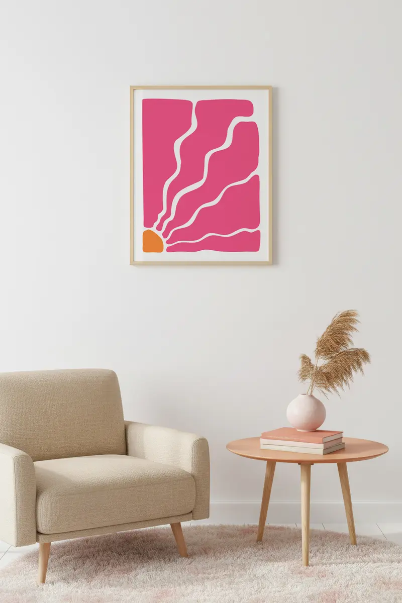 Doğal Ahşap Çerçeveli Retro Soyut Tablo - Coral Pembe Tonlar | huhu2676