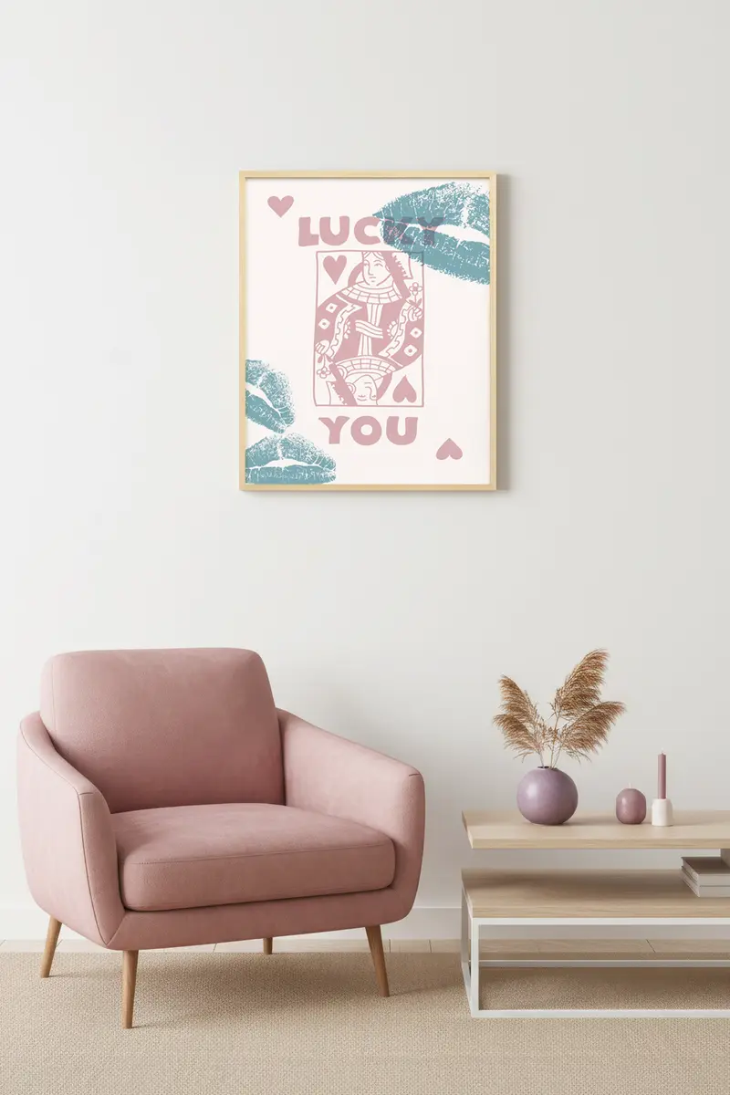 Doğal Ahşap Çerçeveli Retro Tablo - Boho Tarzı Kadın Portresi - Pembe | huhu2553