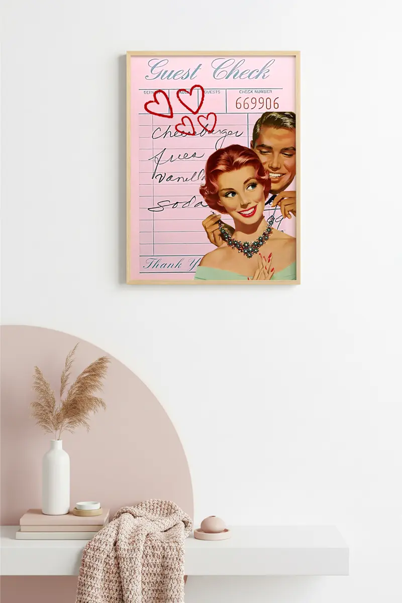 Doğal Ahşap Çerçeveli Retro Tablo - Vintage Romantik Pop Art Çifti | huhu2293