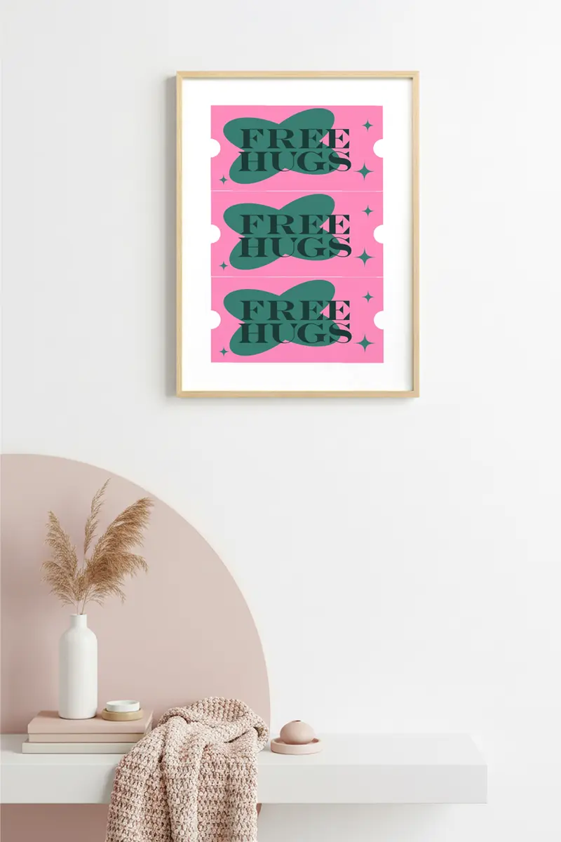 Doğal Ahşap Çerçeveli Retro Tablo - Yeşil Pembe Free Hugs | huhu2361