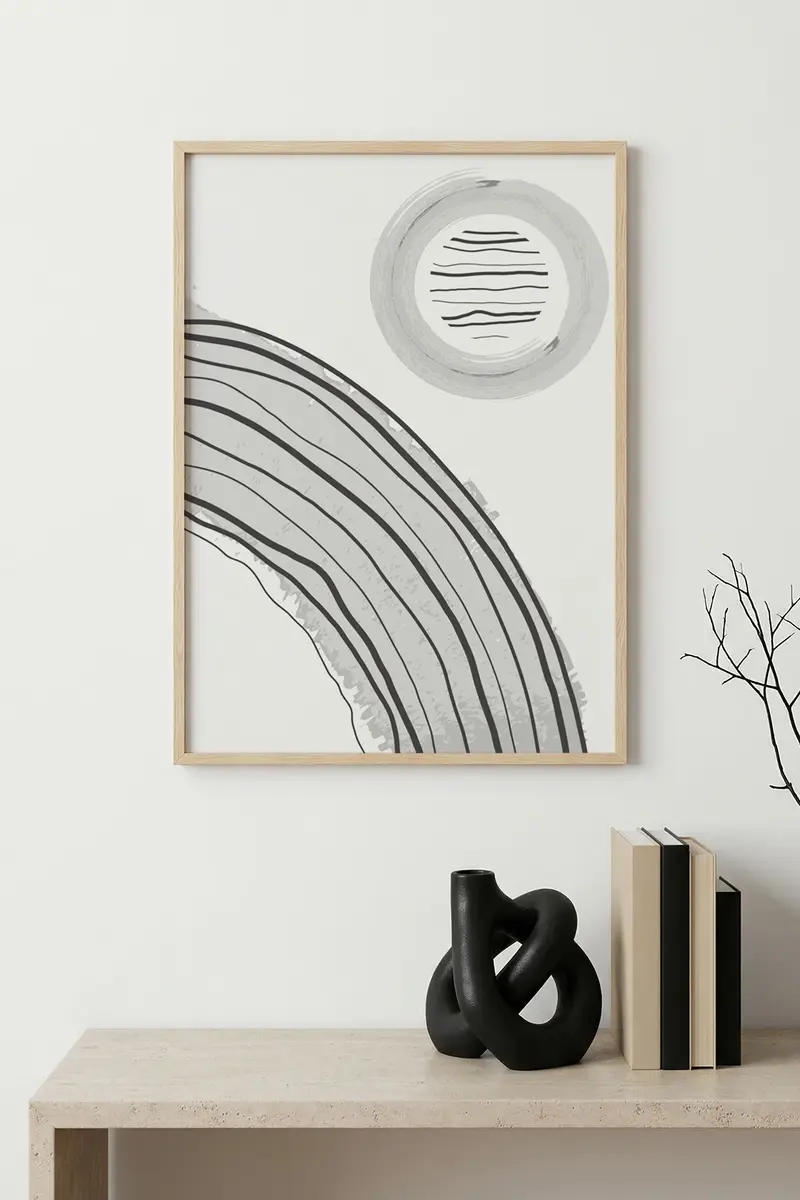 Doğal Ahşap Çerçeveli Soyut Çizgili Tablo - Grayscale | huhu1380