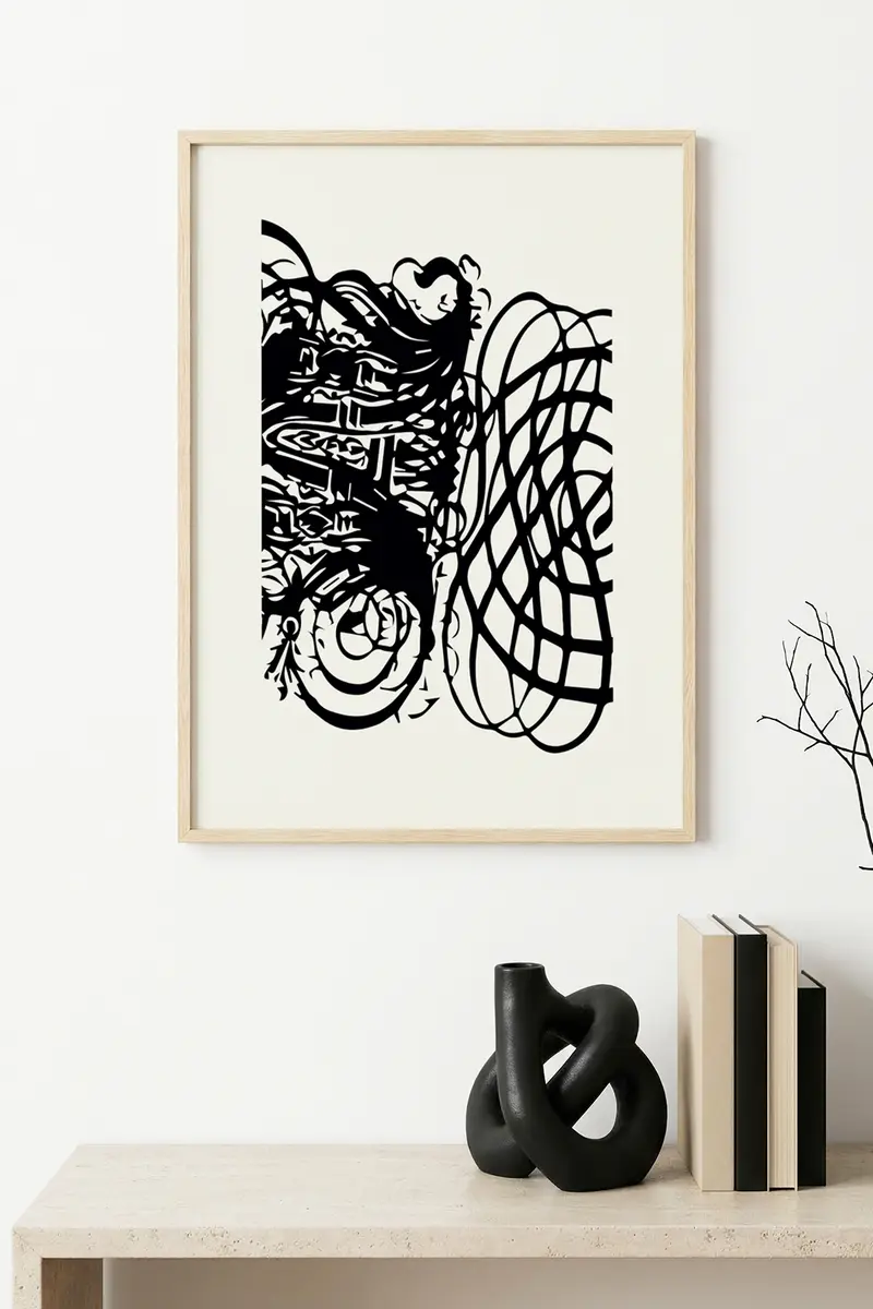 Doğal Ahşap Çerçeveli Soyut Desenli Tablo - Minimal | huhu1254