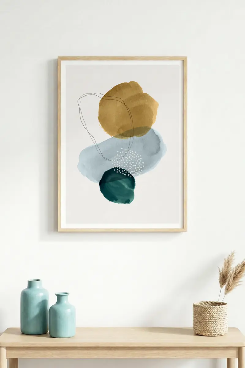 Doğal Ahşap Çerçeveli Soyut Desenli Tablo - Pastel Tonlar | huhu1511