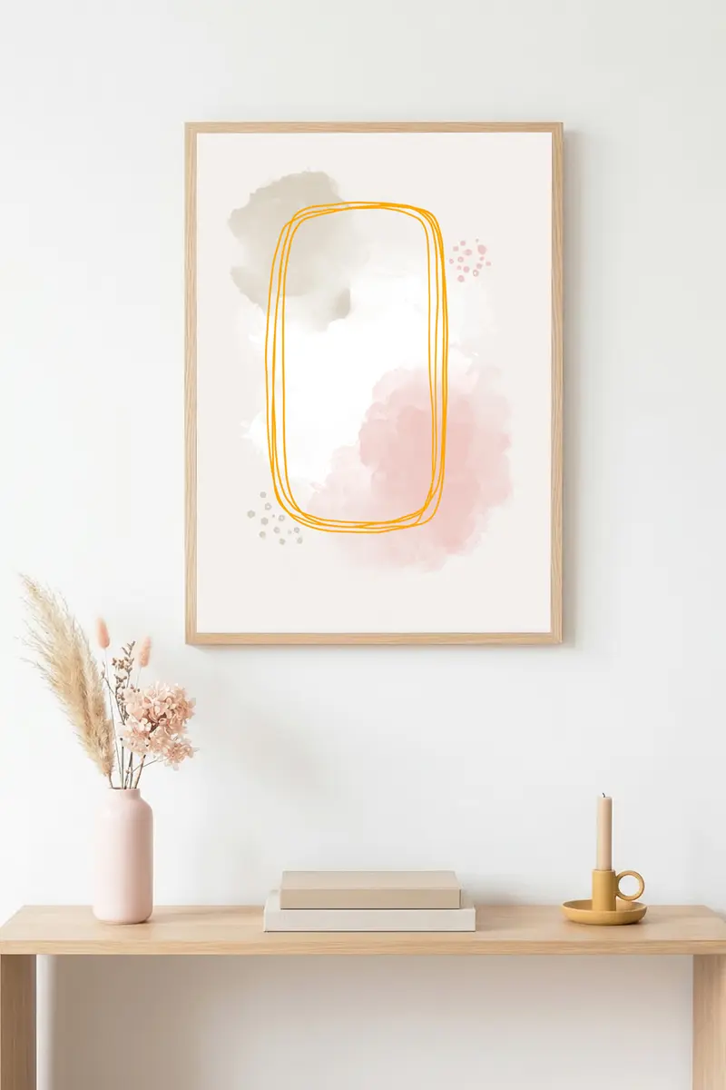 Doğal Ahşap Çerçeveli Soyut Desenli Tablo - Pastel Tonlar | huhu1522