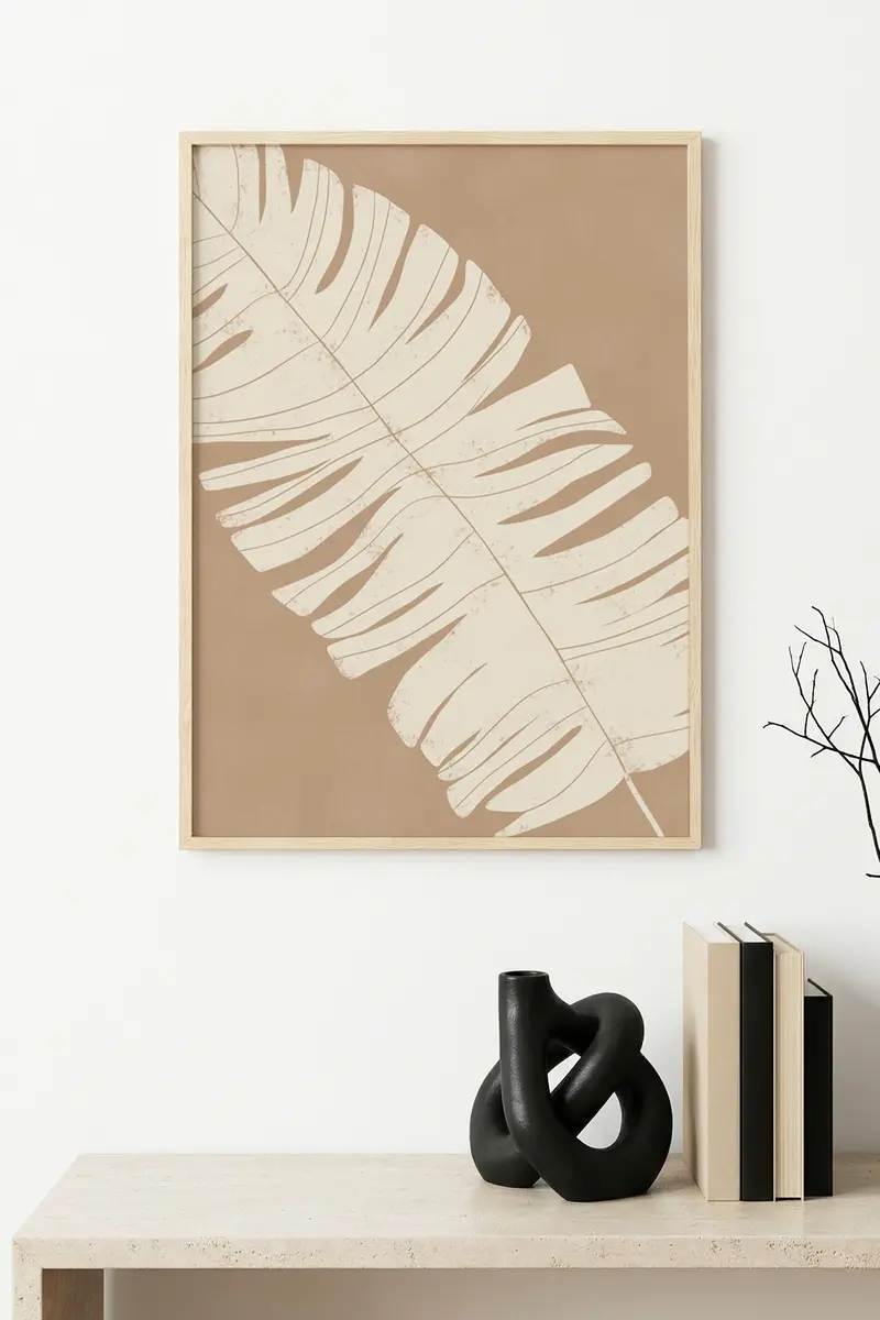 Doğal Ahşap Çerçeveli Yaprak Desenli Tablo - Minimal | huhu1128