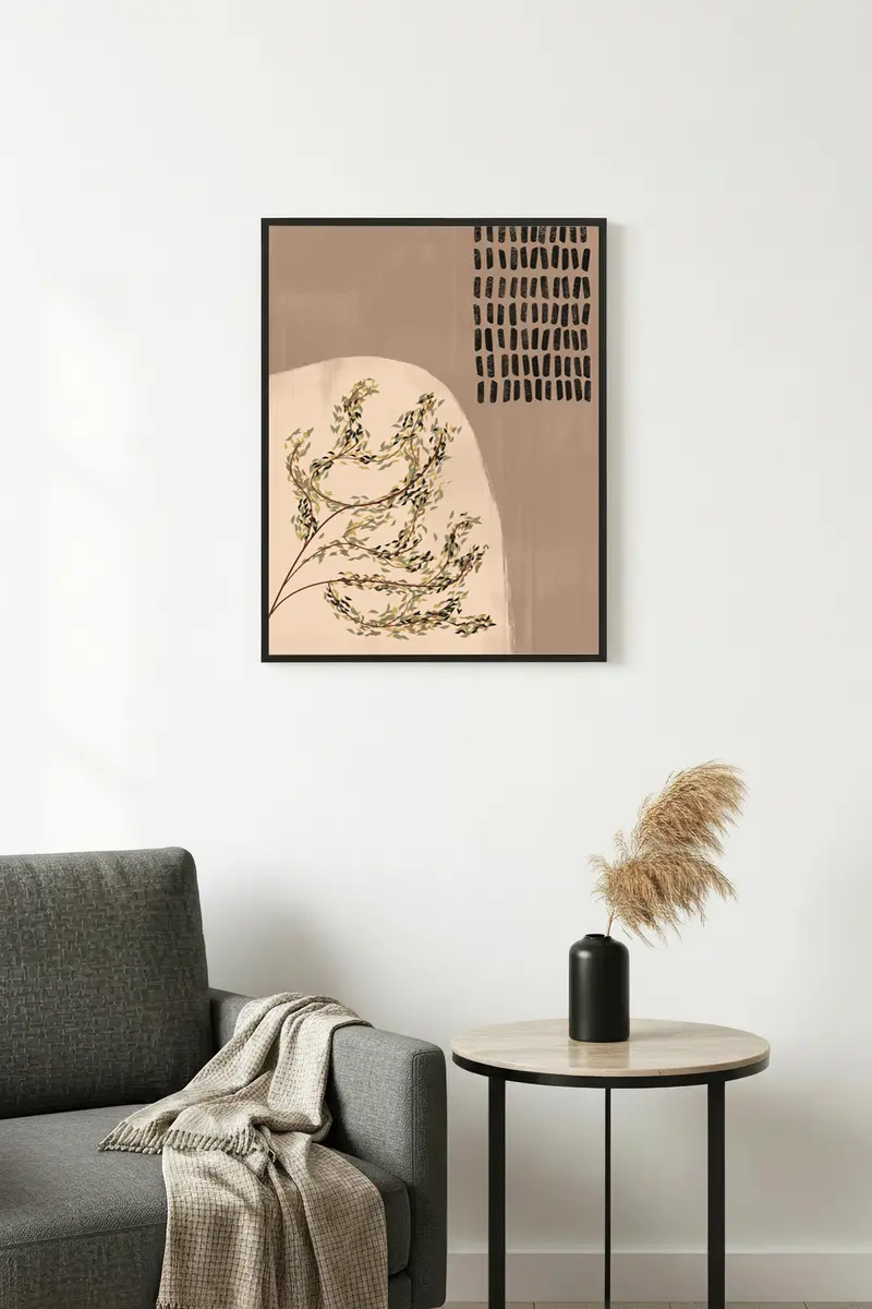 Doğal Ahşap Çerçeveli Yaprak Desenli Tablo - Minimal | huhu1132
