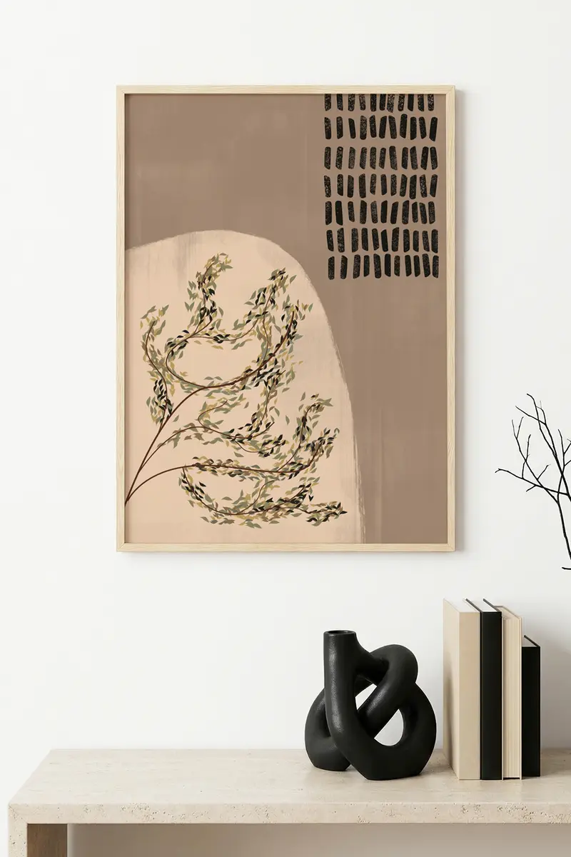 Doğal Ahşap Çerçeveli Yaprak Desenli Tablo - Minimal | huhu1132
