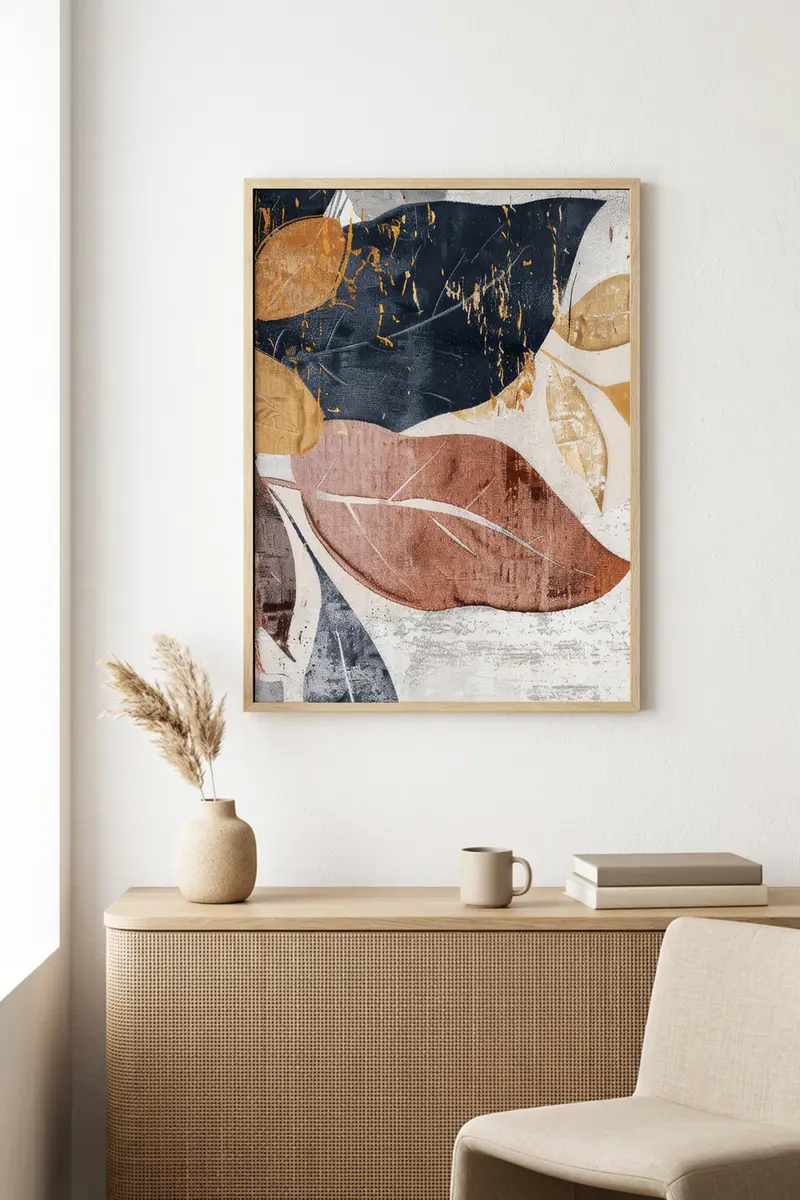Doğal Ahşap Çerçeveli Yaprak Desenli Tablo - Modern | huhu1285