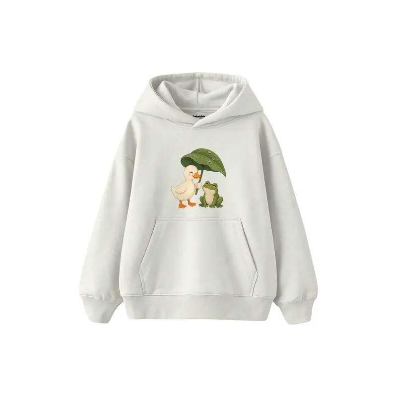 Duck and Frog Sharing a Leaf Umbrella Çocuk Hoodie