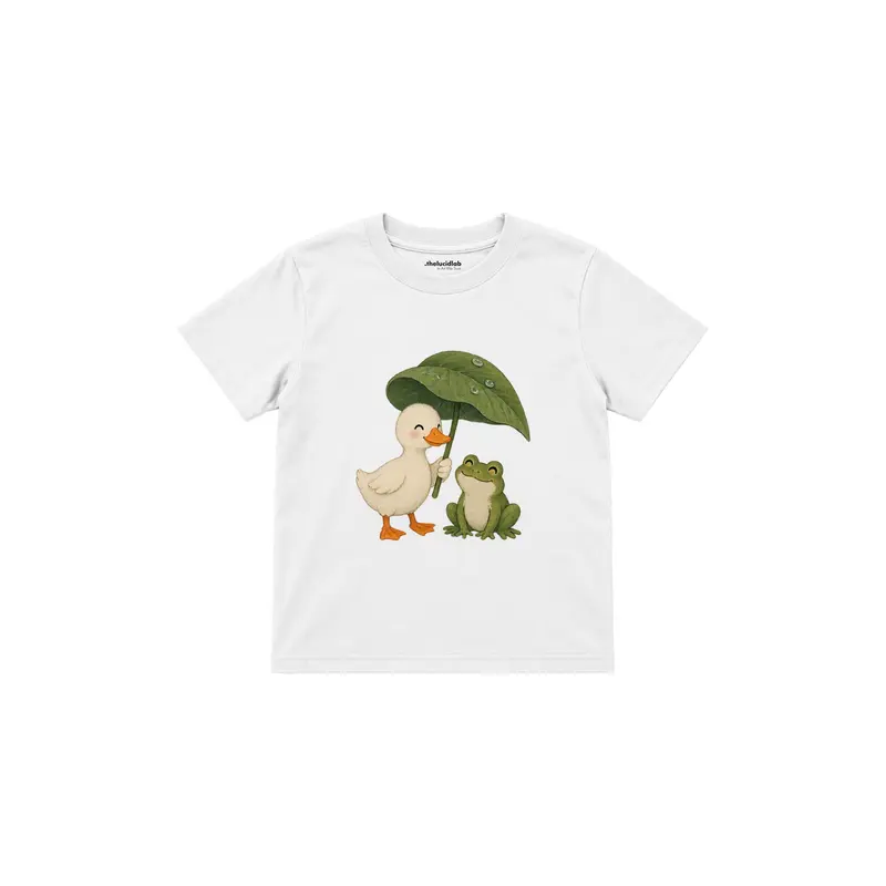 Duck and Frog Sharing a Leaf Umbrella Çocuk Tişört