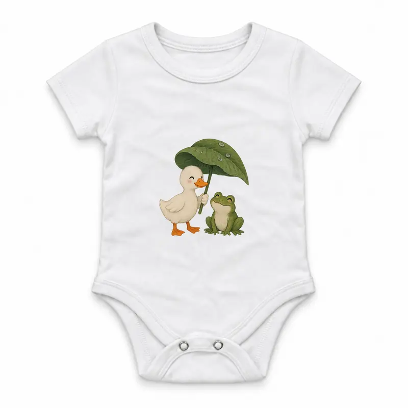Duck and Frog Sharing a Leaf Umbrella Çıtçıtlı Body