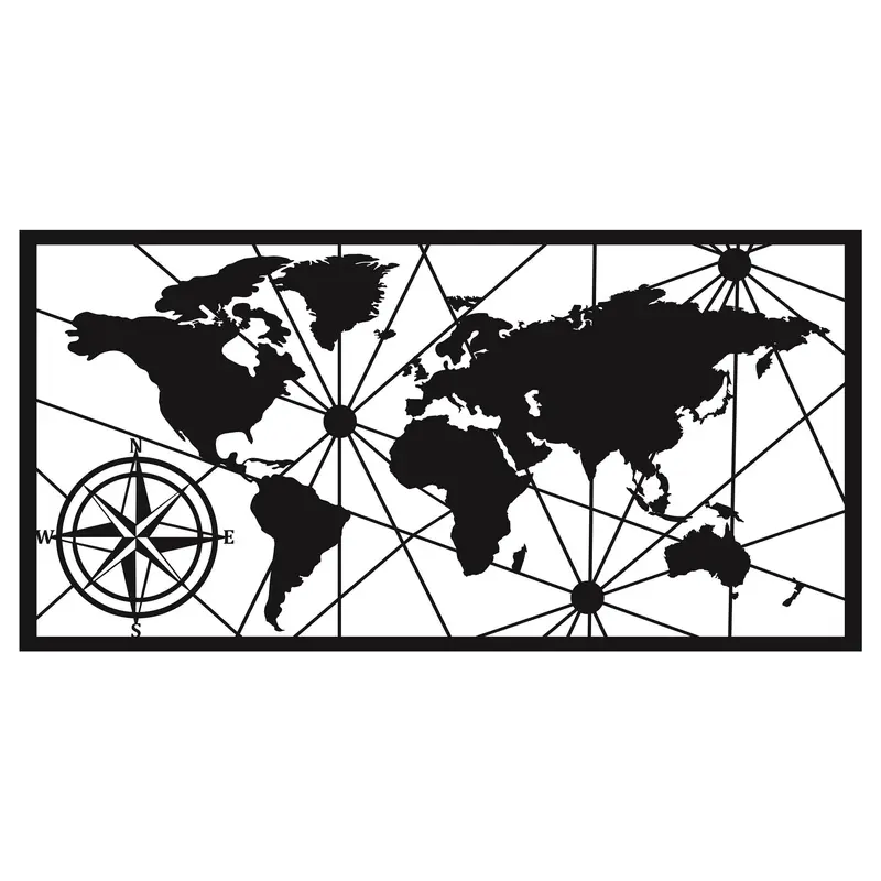 Dünya Haritası Geometrik Metal Duvar Panosu - Siyah