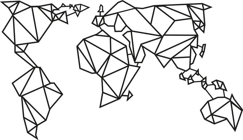 Dünya Haritası Geometrik Metal Duvar Panosu - Siyah
